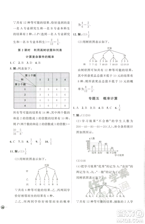 吉林教育出版社2023优+学案课时通九年级下册数学青岛版参考答案