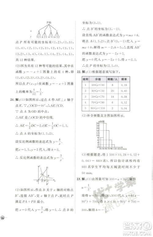 吉林教育出版社2023优+学案课时通九年级下册数学青岛版参考答案