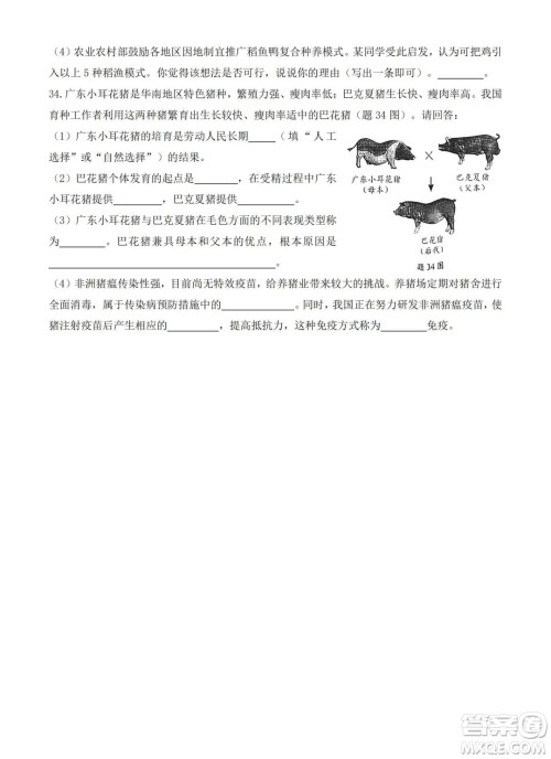 2023广东中考生物真题答案