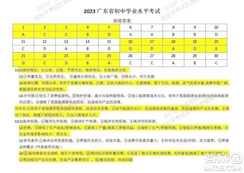 2023广东中考地理真题答案