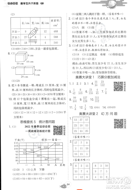 江苏人民出版社2023实验班提优训练暑假衔接五年级数学青岛版参考答案