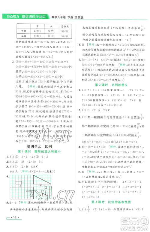 北京教育出版社2023亮点给力提优课时作业本六年级下册数学江苏版参考答案 北京教育出版社2023亮点给力提优课时作业本六年级下册数学江苏版参考答案