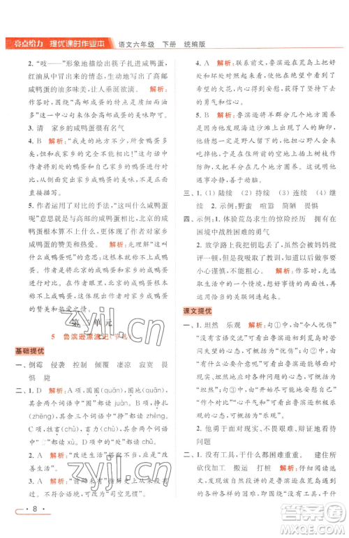 北京教育出版社2023亮点给力提优课时作业本六年级下册语文统编版参考答案