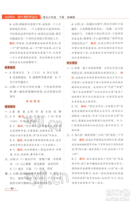 北京教育出版社2023亮点给力提优课时作业本六年级下册语文统编版参考答案