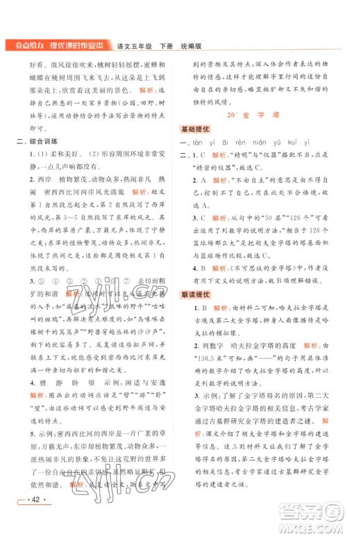 北京教育出版社2023亮点给力提优课时作业本五年级下册语文统编版参考答案