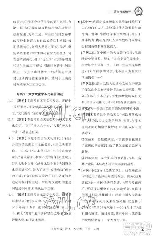 江西人民出版社2023王朝霞各地期末试卷精选八年级下册语文人教版河南专版参考答案