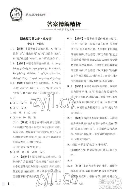 江西人民出版社2023王朝霞各地期末试卷精选八年级下册语文人教版河南专版参考答案