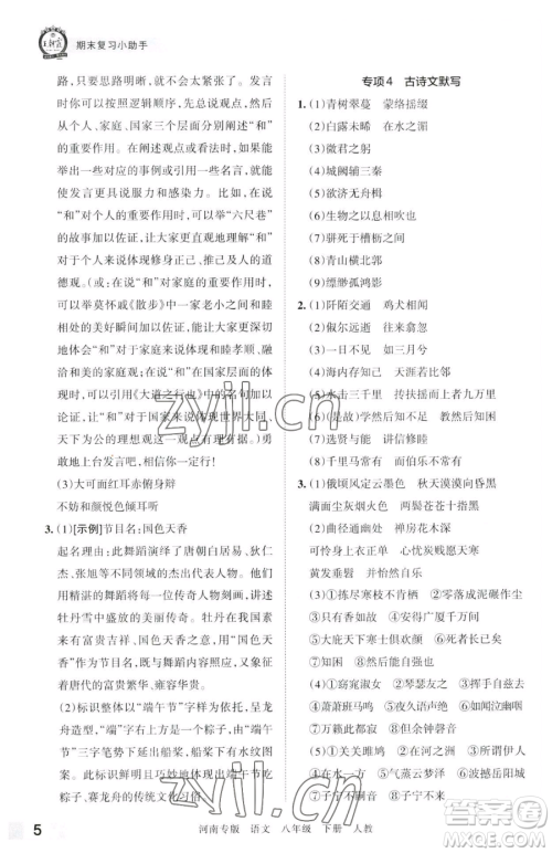 江西人民出版社2023王朝霞各地期末试卷精选八年级下册语文人教版河南专版参考答案