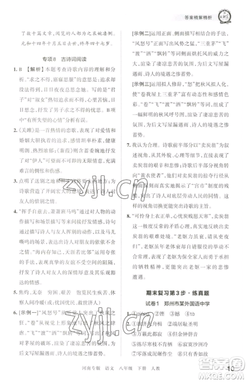 江西人民出版社2023王朝霞各地期末试卷精选八年级下册语文人教版河南专版参考答案