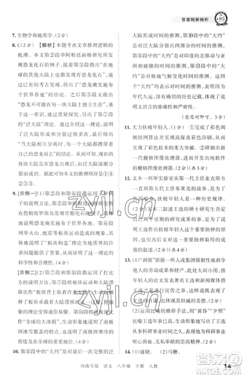 江西人民出版社2023王朝霞各地期末试卷精选八年级下册语文人教版河南专版参考答案