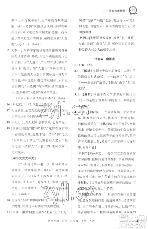 江西人民出版社2023王朝霞各地期末试卷精选八年级下册语文人教版河南专版参考答案