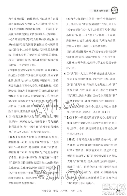 江西人民出版社2023王朝霞各地期末试卷精选八年级下册语文人教版河南专版参考答案