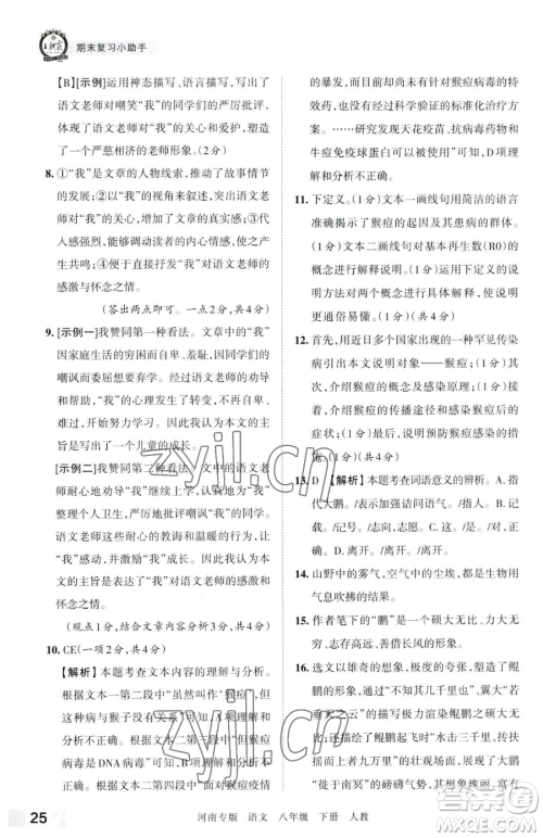 江西人民出版社2023王朝霞各地期末试卷精选八年级下册语文人教版河南专版参考答案