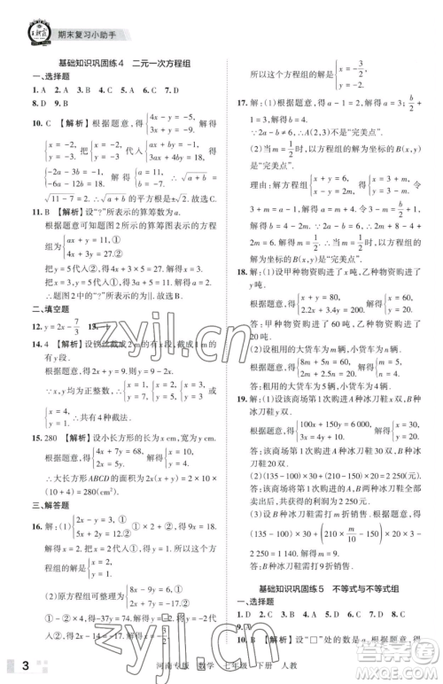 江西人民出版社2023王朝霞各地期末试卷精选七年级下册数学人教版河南专版参考答案