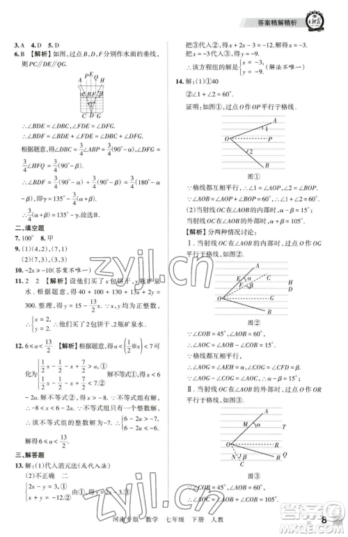 江西人民出版社2023王朝霞各地期末试卷精选七年级下册数学人教版河南专版参考答案