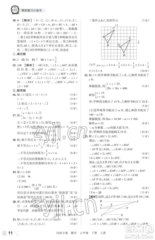 江西人民出版社2023王朝霞各地期末试卷精选七年级下册数学人教版河南专版参考答案