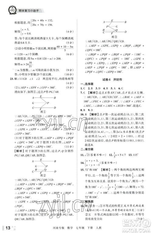 江西人民出版社2023王朝霞各地期末试卷精选七年级下册数学人教版河南专版参考答案