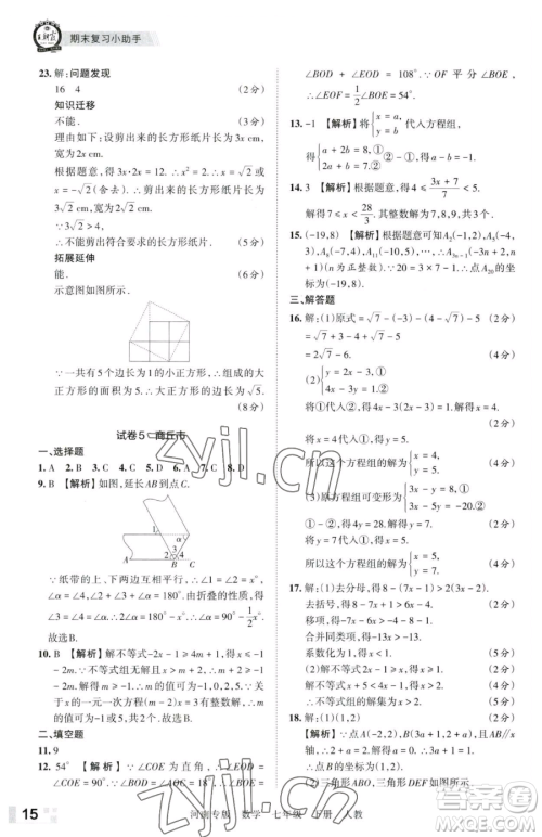 江西人民出版社2023王朝霞各地期末试卷精选七年级下册数学人教版河南专版参考答案