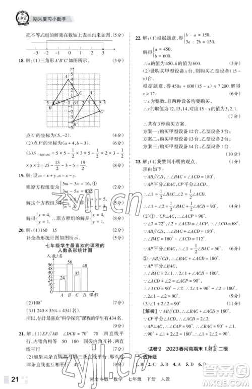 江西人民出版社2023王朝霞各地期末试卷精选七年级下册数学人教版河南专版参考答案