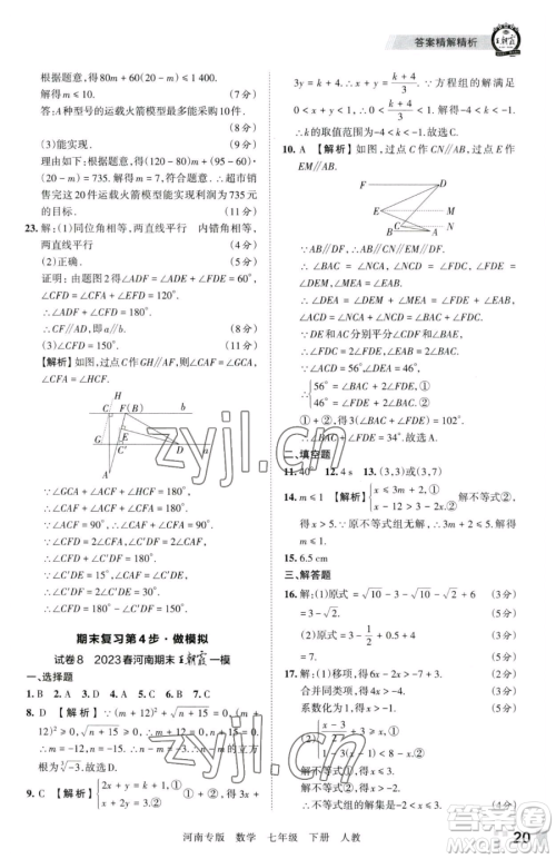 江西人民出版社2023王朝霞各地期末试卷精选七年级下册数学人教版河南专版参考答案