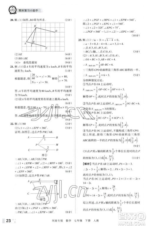 江西人民出版社2023王朝霞各地期末试卷精选七年级下册数学人教版河南专版参考答案