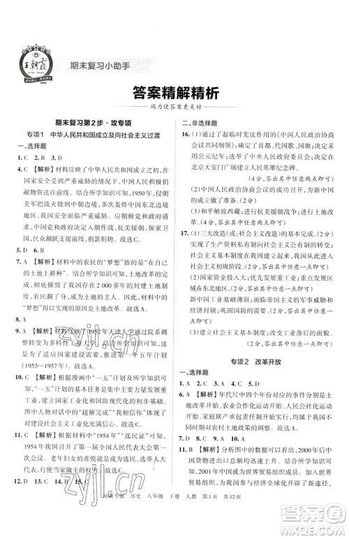 江西人民出版社2023王朝霞各地期末试卷精选八年级下册历史人教版河南专版参考答案