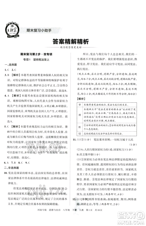 江西人民出版社2023王朝霞各地期末试卷精选八年级下册道德与法治人教版河南专版参考答案