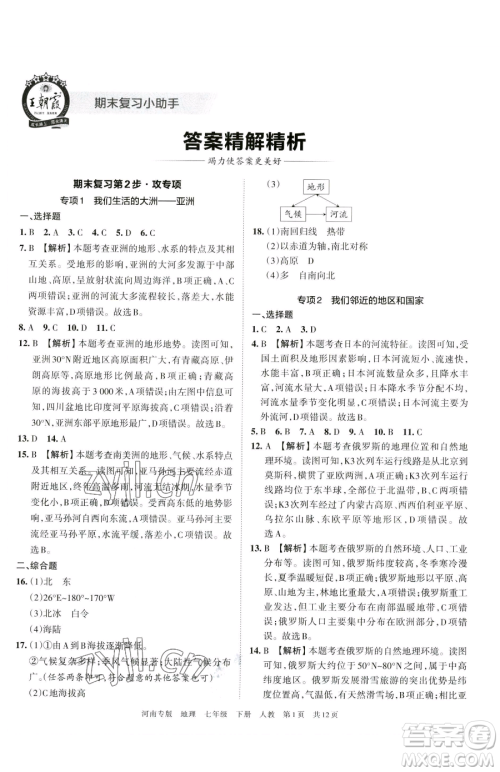 江西人民出版社2023王朝霞各地期末试卷精选七年级下册地理人教版河南专版参考答案