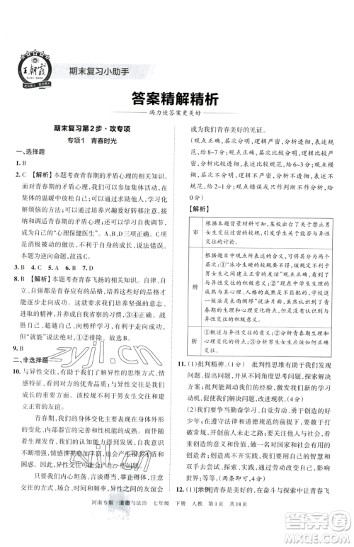 江西人民出版社2023王朝霞各地期末试卷精选七年级下册道德与法治人教版河南专版参考答案