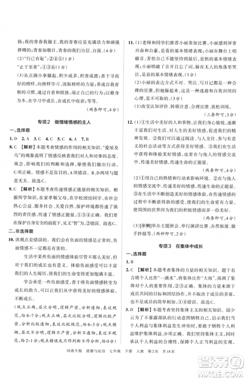 江西人民出版社2023王朝霞各地期末试卷精选七年级下册道德与法治人教版河南专版参考答案