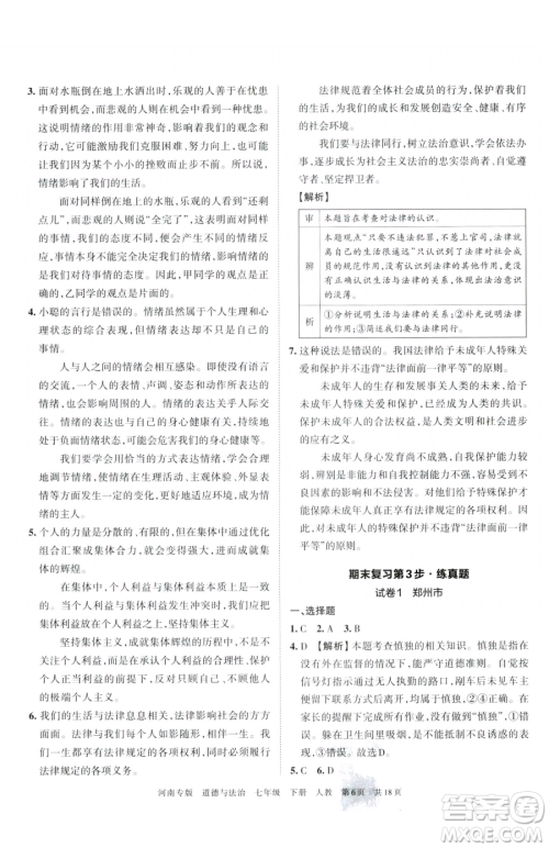 江西人民出版社2023王朝霞各地期末试卷精选七年级下册道德与法治人教版河南专版参考答案