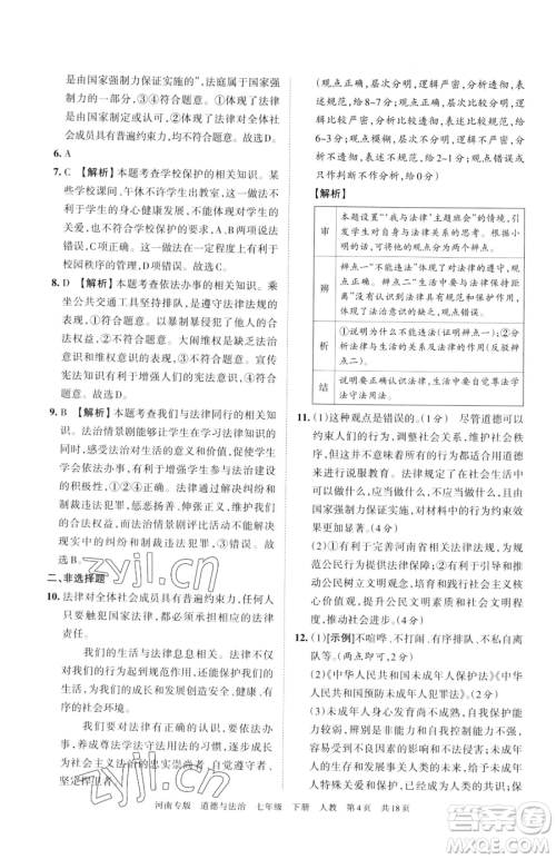 江西人民出版社2023王朝霞各地期末试卷精选七年级下册道德与法治人教版河南专版参考答案