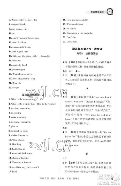 江西人民出版社2023王朝霞各地期末试卷精选七年级下册英语新课标版河南专版参考答案