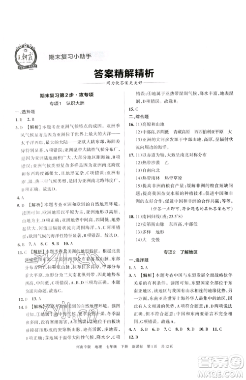 江西人民出版社2023王朝霞各地期末试卷精选七年级下册地理新课标版河南专版参考答案