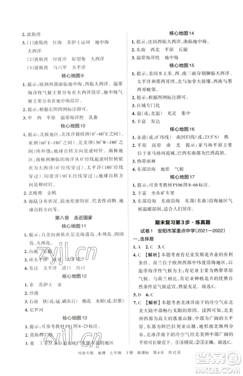 江西人民出版社2023王朝霞各地期末试卷精选七年级下册地理新课标版河南专版参考答案