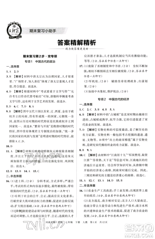 江西人民出版社2023王朝霞各地期末试卷精选七年级下册历史人教版河南专版参考答案