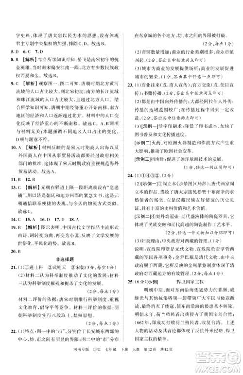 江西人民出版社2023王朝霞各地期末试卷精选七年级下册历史人教版河南专版参考答案