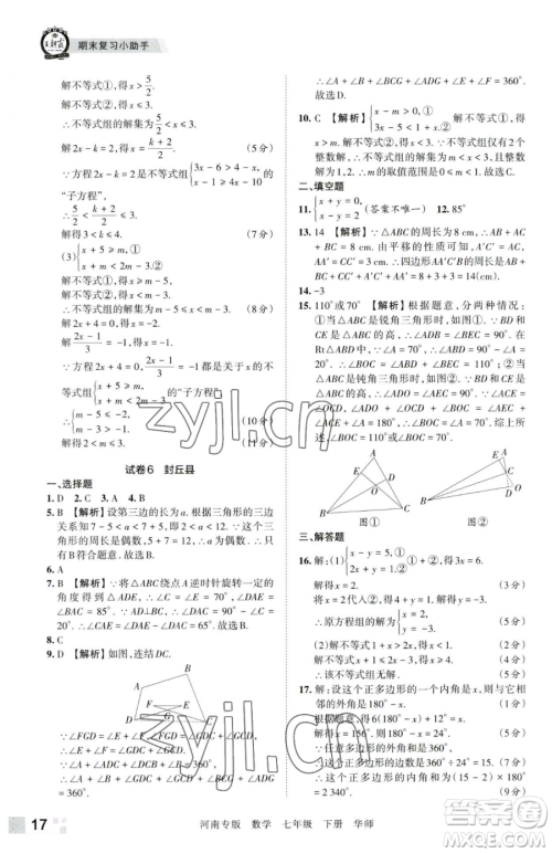 江西人民出版社2023王朝霞各地期末试卷精选七年级下册数学华师大版南专版参考答案