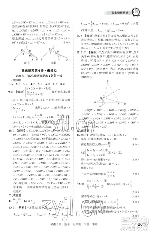 江西人民出版社2023王朝霞各地期末试卷精选七年级下册数学华师大版南专版参考答案