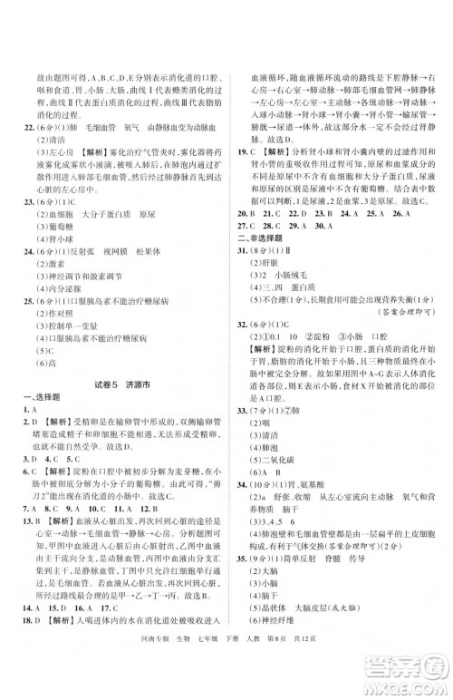 江西人民出版社2023王朝霞各地期末试卷精选七年级下册生物人教版河南专版参考答案