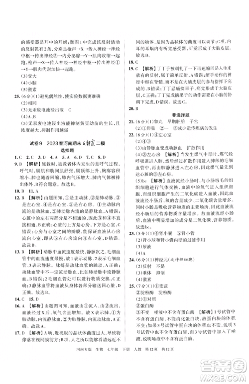 江西人民出版社2023王朝霞各地期末试卷精选七年级下册生物人教版河南专版参考答案