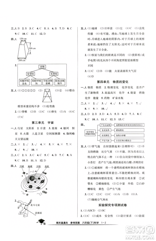 浙江工商大学出版社2023期末直通车六年级下册科学教科版参考答案 浙江工商大学出版社2023期末直通车六年级下册科学教科版参考答案