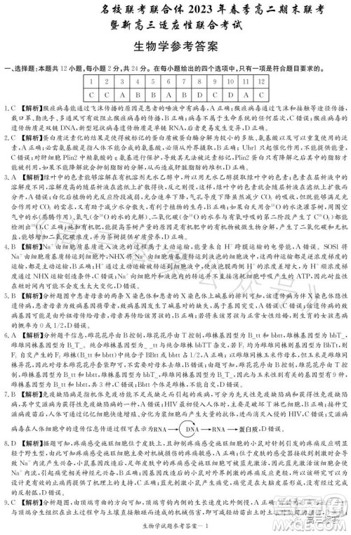 名校联考联合体2023年春季高二期末联考暨新高三适应性联合考试生物学试卷答案 名校联考联合体2023年春季高二期末联考暨新高三适应性联合考试生物学试卷答案