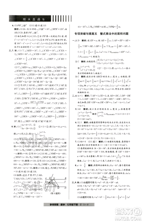 宁波出版社2023期末直通车七年级下册数学浙教版参考答案