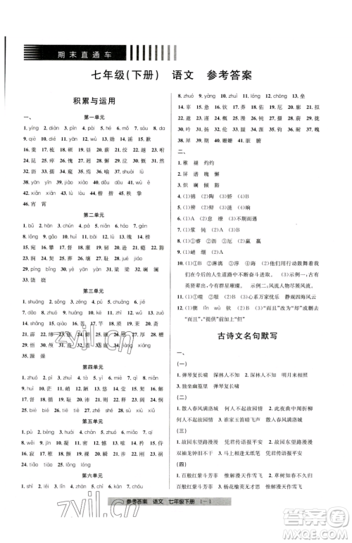 宁波出版社2023期末直通车七年级下册语文人教版参考答案 宁波出版社2023期末直通车七年级下册语文人教版参考答案