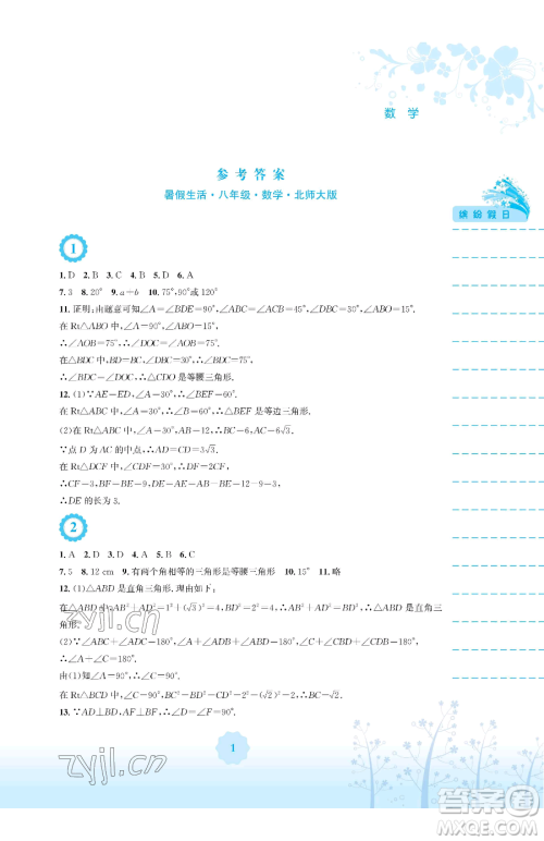 安徽教育出版社2023暑假生活八年级数学北师大版参考答案 安徽教育出版社2023暑假生活八年级数学北师大版参考答案