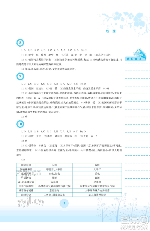 安徽教育出版社2023暑假生活七年级地理商务星球版参考答案