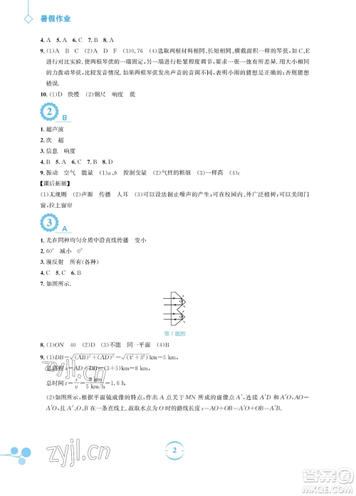 安徽教育出版社2023暑假作业八年级物理通用版Y沪粤版参考答案