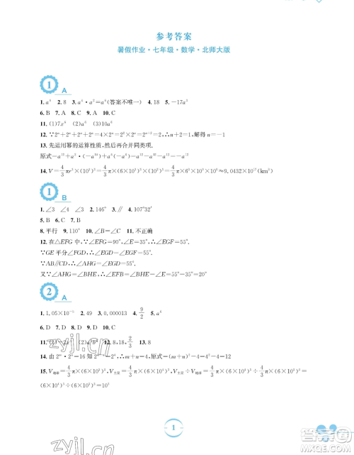 安徽教育出版社2023暑假作业七年级数学北师大版参考答案