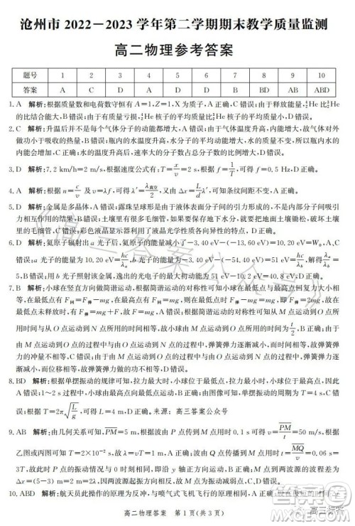沧州市2023学年高二下学期期末教学质量监测物理试卷答案
